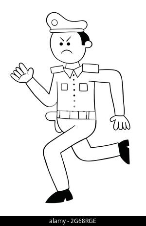 Cartoon Polizei wütend und läuft, Vektor-Illustration. Schwarz umrandet und weiß gefärbt. Stock Vektor
