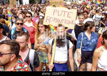 Pride marschieren am 03. Juli 2021 in Marseille, Frankreich. Foto von Denis Thaust/Avenir Pictures/ABACAPRESS.COM Stockfoto