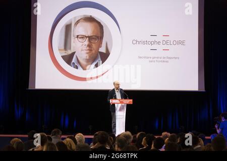 Christophe Deloire, Generalsekretär von Reporter ohne Grenzen (RSF), während der Printemps Republicain-Konferenz (Fete du Printemps Republicain), die am 03. Juli 2021 im Pavillon Baltard in Nogent-sur-Marne, in der Nähe von Paris, Frankreich, stattfand. Foto von Pierrick Villette/Avenir Pictures/ABACAPRESS.COM Stockfoto