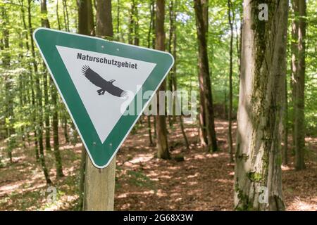 Schild Naturschutzgebiet im Wald Stockfoto