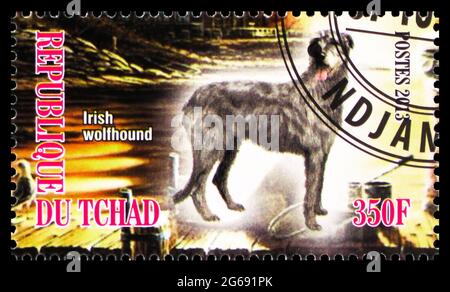 MOSKAU, RUSSLAND - 28. MÄRZ 2020: Briefmarke im Tschad zeigt Irish Wolfhound (Canis lupus familiaris), Hunde Serie, um 2013 Stockfoto