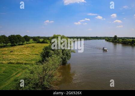 Panoramablick auf typisch holländische ländliche Landschaft mit Fluss maas und grünen landwirtschaftlichen Feldern im Sommer gegen blauen Himmel in der Nähe der Stadt Brunnen, Limburg, Neth Stockfoto