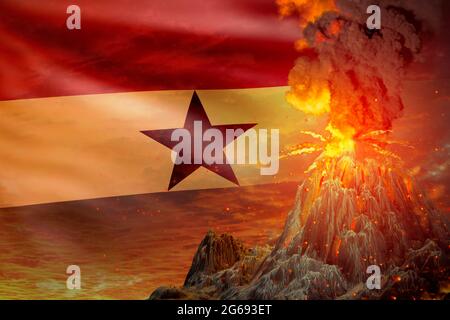 Großer Vulkanausbruch in der Nacht mit Explosion auf Ghana Flagge Hintergrund, leiden unter Katastrophe und vulkanisches Erdbeben konzeptionelle 3D-Illustration o Stockfoto