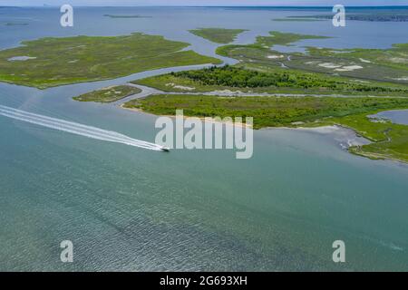 Boot an der Bucht, Long Beach, New Jersey, USA Stockfoto