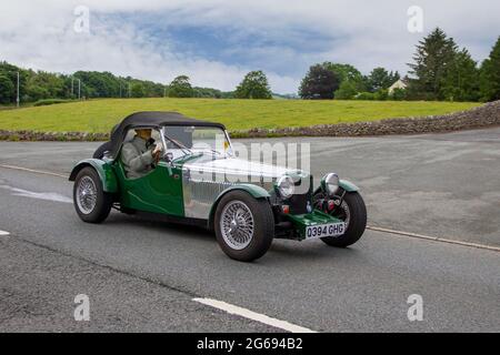 1989 80s Achtziger Vincent MPH Riley-inspirierter grüner Einsitzer Rag Top Dwornik Engineering. 1298cc Benzin; handgefertigte Fahrzeuge, Inspirational Vintage, Veteran & Classic Sportwagen Kits, Replik, Kit car, Kit cars, Amateurwagen, Nachbildungen von Dwornik Engineering in Oxford UK Stockfoto