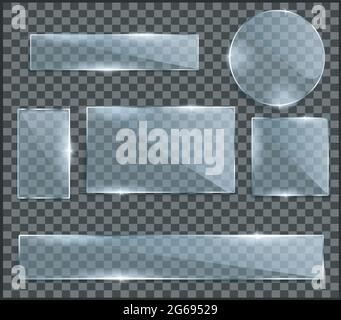 Glasplatten-Set. Glasbanner auf transparentem Hintergrund. Stock Vektor