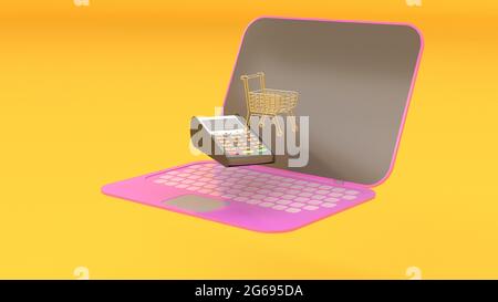 Moderne E-Commerce-Shop online Laptop Geldautomat Warenkorb Trolley erscheinen 3d-Rendering Stockfoto