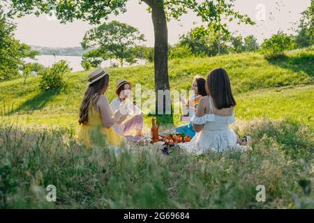 Sicheres Sommerpicknick mit COVID. Ideen Für Sommerparty. Sichere und festliche Möglichkeiten, kleine Treffen im Freien mit Freunden zu veranstalten. Menschen kommen sicher zusammen. Jung Stockfoto