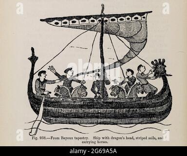 Voll manipuliertes Wikinger-Drachenkopfschiff, gesäumt mit Schilden, gestreiften Segeln und Männern, die an Rudern ziehen. Aus dem Buch "The viking Age: The Early History, Manieren, and Sitten of the Ahnen of the English-speaking Nations" Band 2 von Du Chaillu, Paul B. (Paul Belloni), Veröffentlicht in New York von C. Scribner's Sons in 1890 Stockfoto