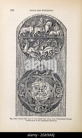 Viking Architecture schmückte Säle und geschnitzte Türen aus dem Buch "The viking Age: The Early History, Manieren, and Sitten of the Ahnen of the English-speaking Nations" Band 2 von Du Chaillu, Paul B. (Paul Belloni), Veröffentlicht in New York von C. Scribner's Sons in 1890 Stockfoto