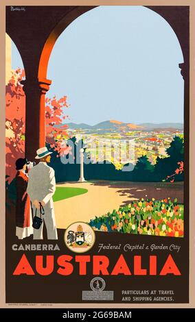 „Canberra, Australia Federal Capital and Garden City“, Tourismusposter 1934, herausgegeben von der Australian National Travel Association, entworfen von James Northfield (1887-1973). Kredit: Privatsammlung / AF Fotografie Stockfoto