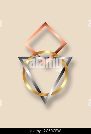 Heilige Geometrie, geometrisches Metallic-Dreieck, Kreis- und Quadrat-Logo. Gold, Bronze und Silber Symbol für Harmonie und Balance. Vektor isoliert Stock Vektor