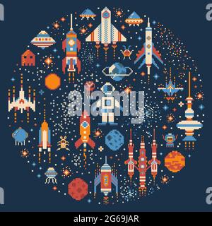 Pixel Art Retro Space Adventure Circle Print Stock Vektor