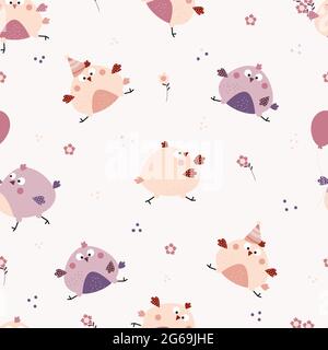 Nahtlose Muster. Lustige niedliche Vögel - ein Junge Küken und ein Mädchen Henne auf einem hellen Hintergrund mit Blumen. Vektor-Illustration für Kinder Kollektion, Design Stock Vektor