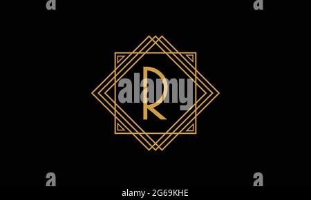 Letter R Art déco-Logo in Gold, isoliert auf schwarzem Hintergrund mit quadratischem Rahmen Stock Vektor
