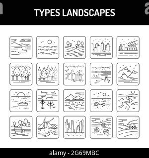 Typen Landschaften Liniensymbole festgelegt. Isoliertes Vektorelement. Skizzieren Sie Piktogramme für Webseite, mobile App, Werbung. Bearbeitbare Kontur. Stock Vektor
