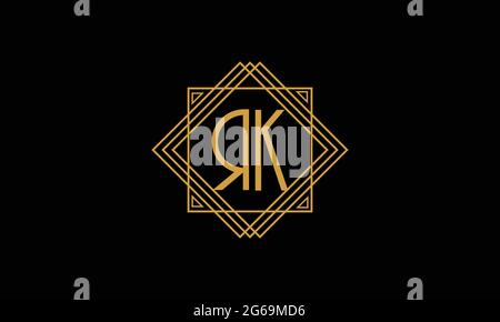 Verbindungsfuge Letters R und K minimalistisches Art-Deco-Logo in Goldfarbe isoliert auf schwarzem Hintergrund mit quadratischem Rahmen Stock Vektor