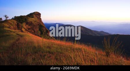 Landschaft des Doi Mon Chong Bergs am Wintermorgen scheint der Sonnenaufgang auf Blumenfeldern auf dem Berggipfel. Himalaya-Gebirge. Konzentrieren Sie sich auf Felder. Stockfoto