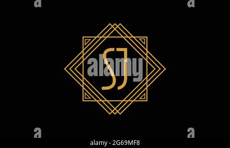 Verbindungsfuge Letters S und J minimalistisches Art-Deco-Logo in Goldfarbe isoliert auf schwarzem Hintergrund mit quadratischem Rahmen Stock Vektor
