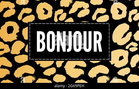 Dekorativer BONJOUR HELLO Text mit Leopardenhaut Stock Vektor