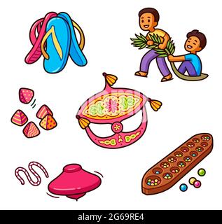 Traditionelles malaysisches Spielset. Cartoon-Zeichnung von lustigen Spielen der malaiischen Kinder. Vektorgrafik Clip Art Illustration. Stock Vektor