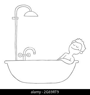 Cartoon Mann nimmt ein Bad in der Badewanne und ist sehr glücklich, Vektor-Illustration. Schwarz umrandet und weiß gefärbt. Stock Vektor