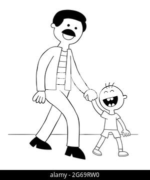 Cartoon Vater und Sohn halten Hände und gehen und sehr glücklich, Vektor-Illustration. Schwarz umrandet und weiß gefärbt. Stock Vektor