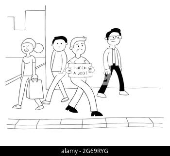 Cartoon-Mann ist arbeitslos und läuft auf der Straße mit einem Schild, das sagt, ich brauche einen Job, Vektor-Illustration. Schwarz umrandet und weiß gefärbt. Stock Vektor