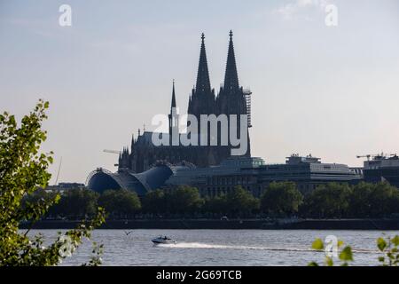 köln, NRW, Deutschland, 07 02 2021, kölner Dom, Bäume als Rahmen, rhein vorne, Sportboot auf dem Fluss Stockfoto
