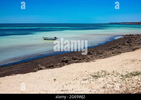 Herrliche Aussicht auf die Mittelmeerküste mit Birkenwasser, weißem Sandstrand und einem Fischerboot Stockfoto