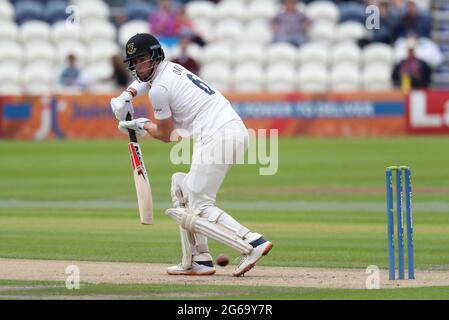 Hove, Großbritannien. Juli 2021. Sussex's Ali Orr hat am ersten Tag des LV County Championship-Matches zwischen Sussex und Glamorgan auf dem 1. Central County Ground in Hove geschlagen. Quelle: James Boardman/Alamy Live News Stockfoto