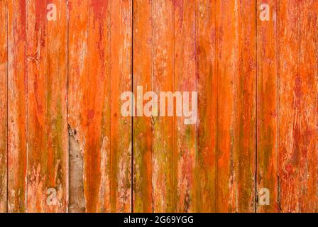 Alte verzweifelte orange Holzplanken Wand mit abblätternder Farbe und damo, rustikalen Grunge Hintergrund oder Textur Stockfoto