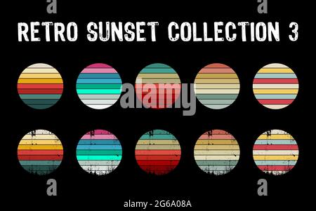 Vintage Sunset Kollektion im Stil der 70er Jahre. Regular und Distressed Retro Sonnenuntergang Set. Fünf Optionen mit texturierten Versionen. Kreisförmiger Verlaufshintergrund Stock Vektor