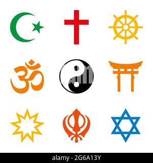 Weltreligionen, neun farbige Symbole großer religiöser Gruppen und Religionen. Islam, Christentum, Buddhismus, Hinduismus, Taoismus, Shinto, Bahai Faith. Stockfoto