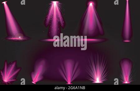 Pinkfarbene Lichtstrahlen von Scheinwerfern und Bodenprojektoren Stock Vektor