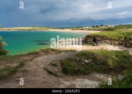 Blick auf die wunderschöne Harlyn Bay, Cornwall, England, Großbritannien Stockfoto