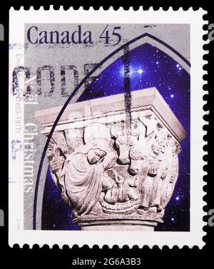 MOSKAU, RUSSLAND - 18. APRIL 2020: Die in Kanada gedruckte Briefmarke zeigt die Weihnachtsserie „Krippe“, um 1995 Stockfoto