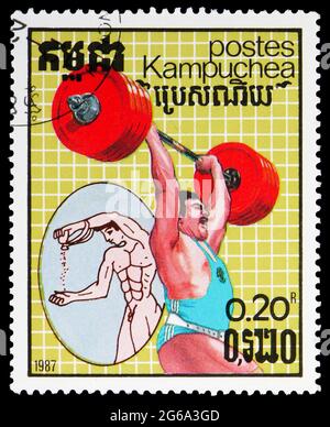 MOSKAU, RUSSLAND - 18. APRIL 2020: Briefmarke gedruckt in Kampuchea (Kambodscha) zeigt, Serie, circa Stockfoto