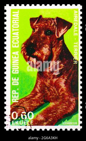 MOSKAU, RUSSLAND - 18. APRIL 2020: Die in Äquatorialguinea gedruckte Briefmarke zeigt Airedale Terrier (Canis lupus familiaris), Hunde: (I) Serie 1977, Cir Stockfoto