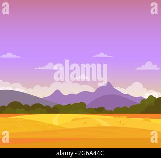 Vektor-Illustration von schönen bunten Herbstlandschaft mit Feldern, Bergen und Himmel. Farmland-Konzept, flacher Cartoon-Stil. Stock Vektor