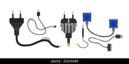 Vektor-Illustration Satz von defekten elektrischen Kabeln isoliert auf weißem Hintergrund. Kollektion von Kabeln und Drähten im flachen Cartoon-Stil. Stock Vektor