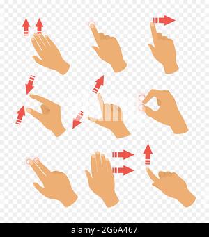 Vektordarstellung Satz von Gestensymbolen für Touch-Geräte. Zeigerpfeile und Hand, Laptop und Bewegen. Finger berühren sich in flacher Ausführung. Stock Vektor