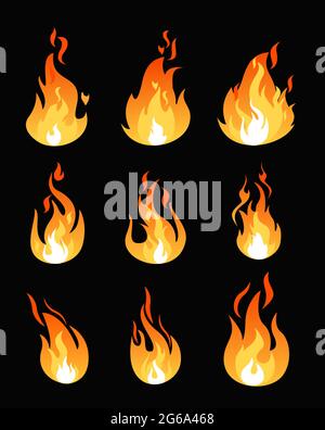 Vektor-Illustration Satz von Feuer Flammen verschiedene Formen. Sammlung flammender Symbole. Heißes Energiekonzept im flachen Cartoon-Stil auf schwarzem Hintergrund. Stock Vektor