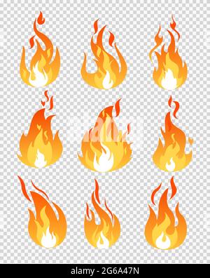 Vektor-Illustration Set von Feuer Flammen Symbole verschiedenen Formen auf dem transparenten Hintergrund in flachen Cartoon-Stil. Stock Vektor