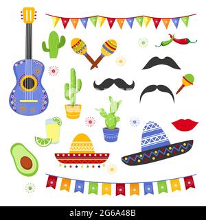 Vektor-Illustration Set von dekorativen Elementen für Fiesta. Sammlung von Cinco de Mayo Design, flache Cartoon-Stil mexikanischen Hüte, Avocado, Tequila Stock Vektor