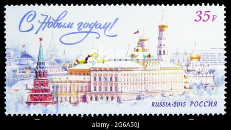 MOSKAU, RUSSLAND - 2. MAI 2020: In Russland gedruckte Briefmarke zeigt Happy New Year!, Serie, um 2015 Stockfoto