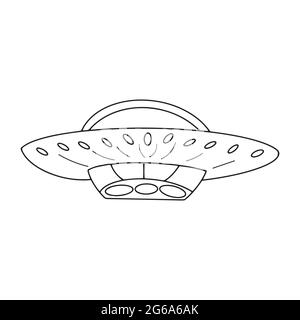 Fliegende Untertasse. UFO. Schwarz-Weiß-Vektorgrafik im Doodle-Stil isoliert. Welt-ufo-Tag Stock Vektor