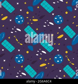 Nahtloses Muster mit Elementen des Universums. Planeten, Sterne und künstlicher Satellit. Farbenfrohe Vektorgrafik von Hand gezeichnet. Drucken oder Verpacken, Stock Vektor