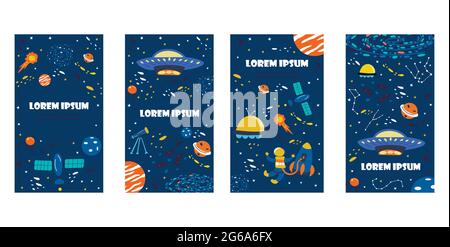 Hintergrundbilder für Social-Media-Geschichten. Blaue Banner mit Elementen des Universums. Planeten und Sternbilder, Sterne und die Milchstraße fliegen Stock Vektor