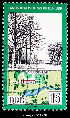 MOSKAU, RUSSLAND - 18. APRIL 2020: In Deutschland gedruckte Briefmarke zeigt Marxwalde Park, Landschaftsparks in der DDR-Serie, um 1981 Stockfoto